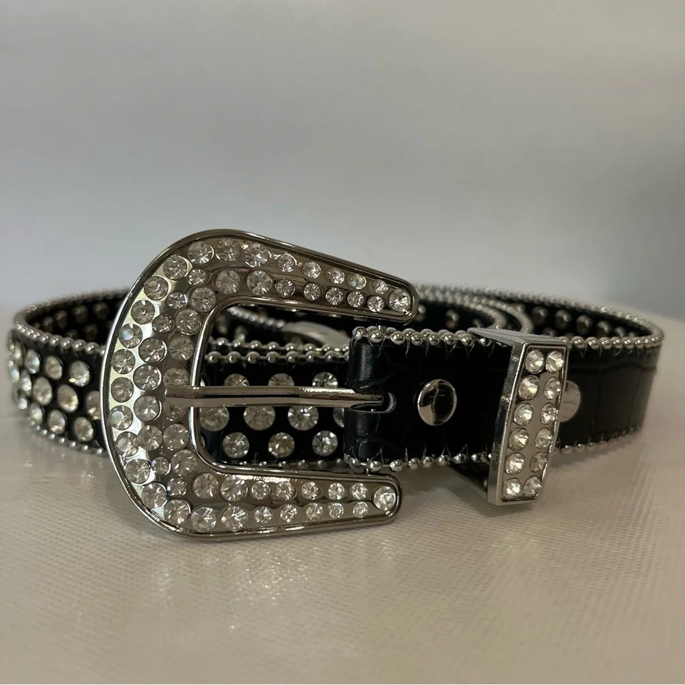 Western Black Leather Rhinestone Belt